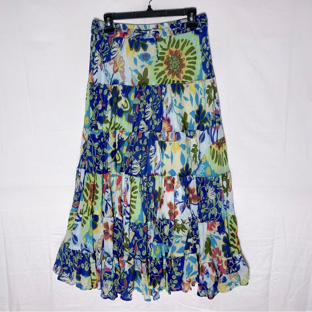 Colourful Patchwork Print Boho Floral Tiered Elastic Waist Festival Maxi Skirt M